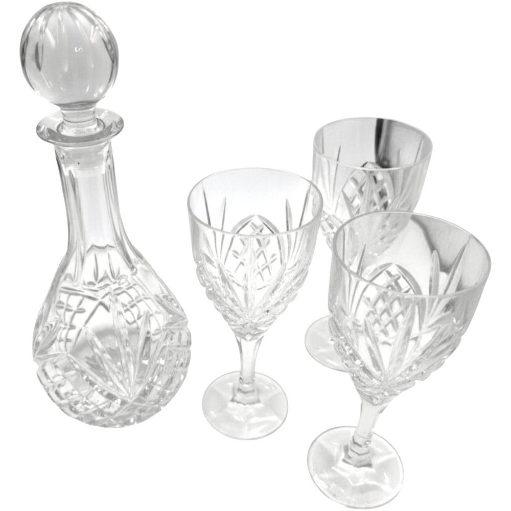 Galway Irish Crystal Decanter and 3 Wine Glasses Set Clear Cut Glass Barware